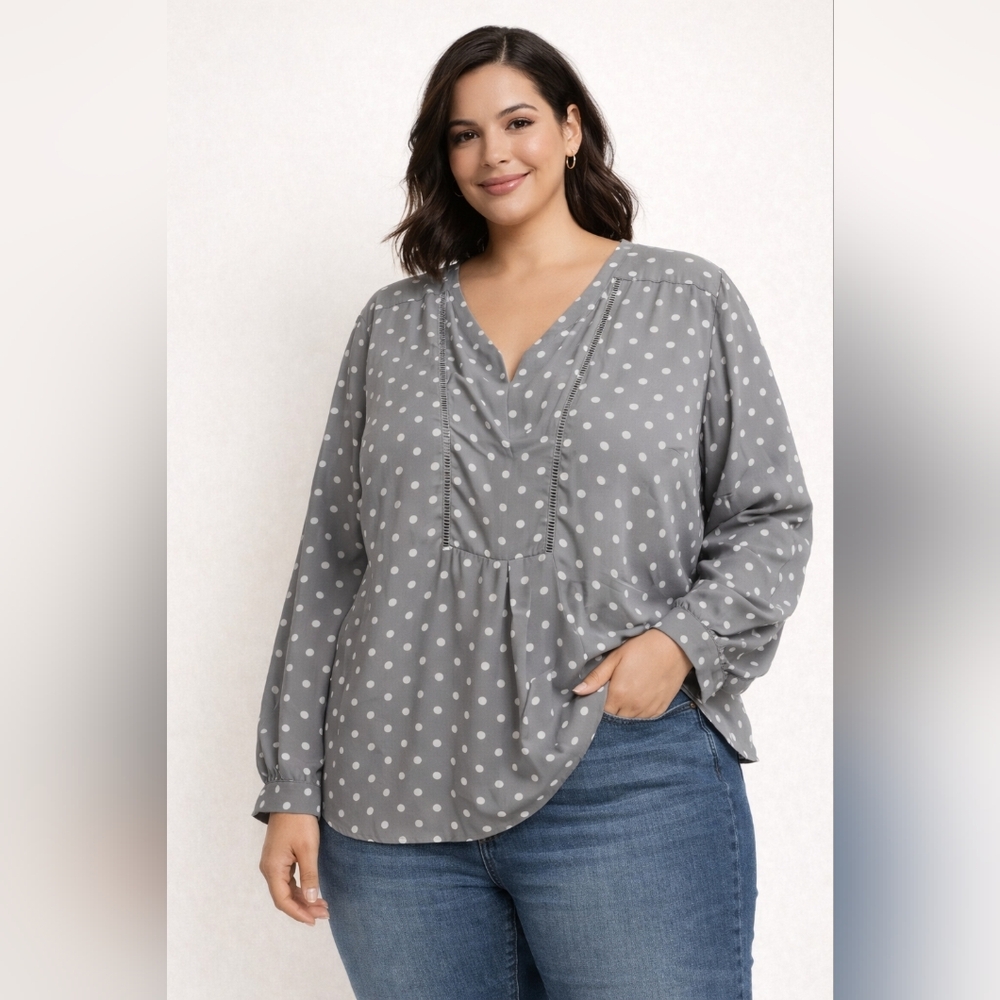 Lane Bryant Grey & White Polka Dot Blouse – Size 3X | Long Sleeve V-Neck